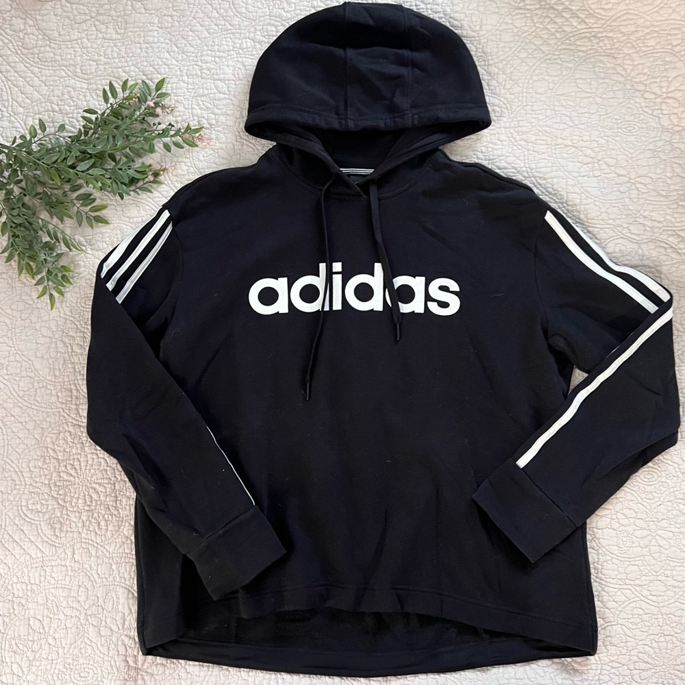 Adidas: Women’s Black Hoodie with White Stripes Size Extra Large